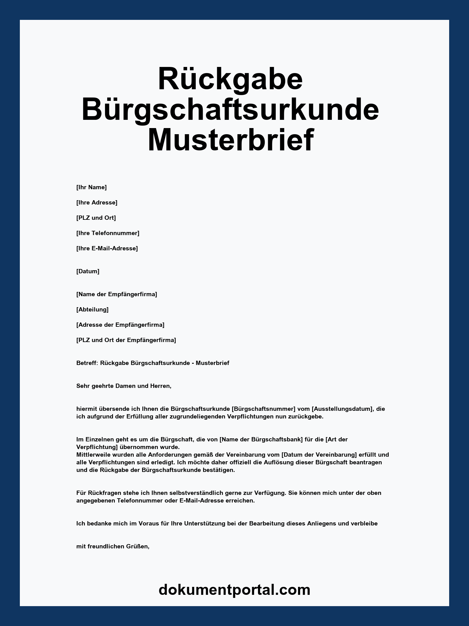 Rückgabe Bürgschaftsurkunde Musterbrief