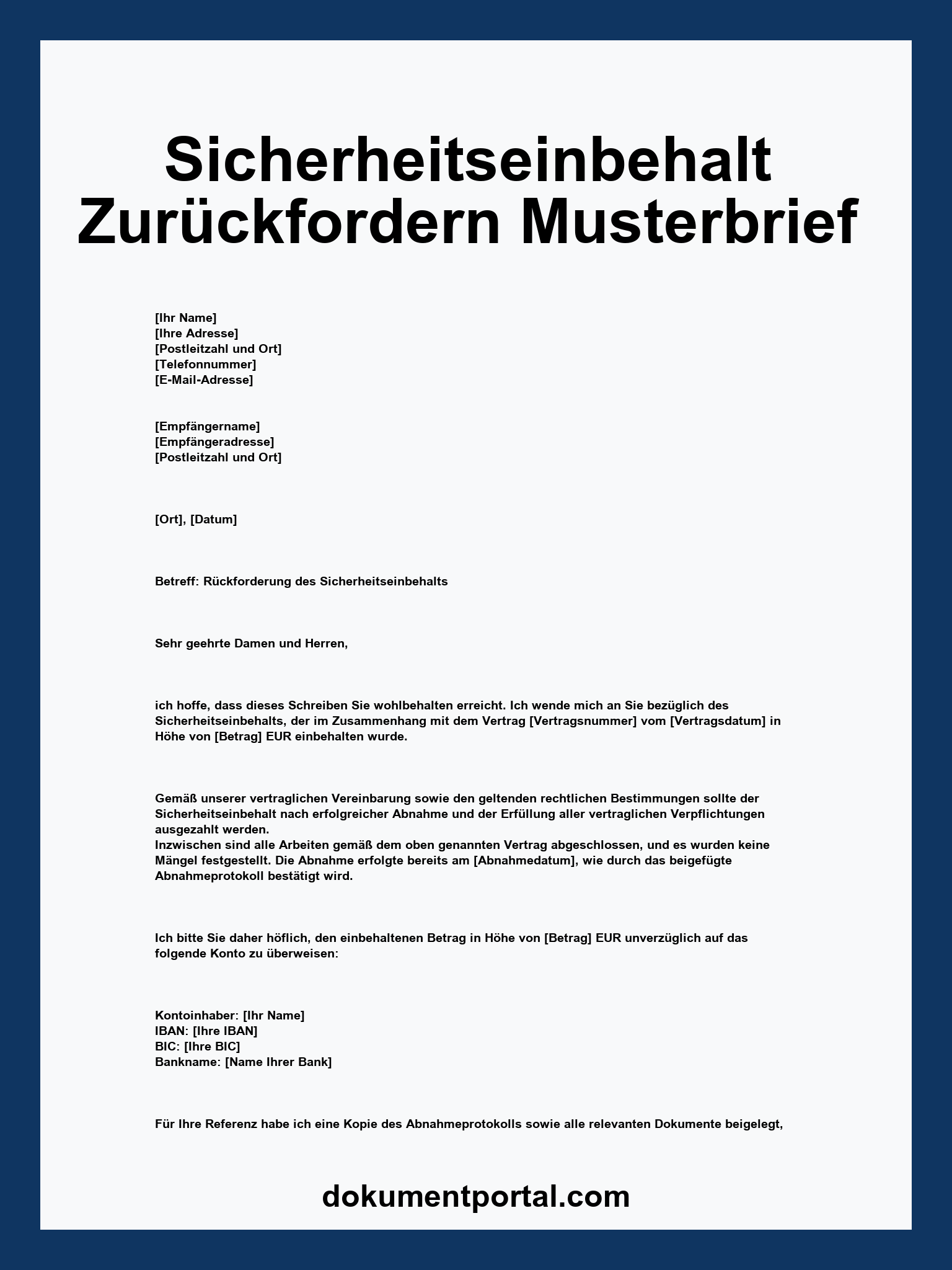 Sicherheitseinbehalt Zurückfordern Musterbrief